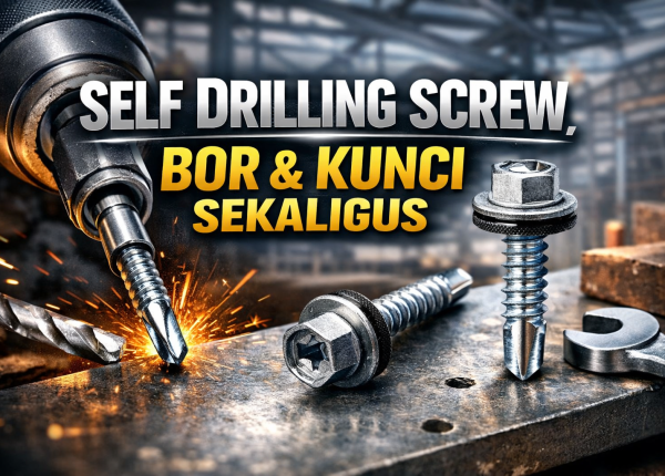 Self drilling screw dengan ujung mata bor dipasang menggunakan bor listrik pada plat besi, menunjukkan fungsi bor dan kunci sekaligus untuk konstruksi.